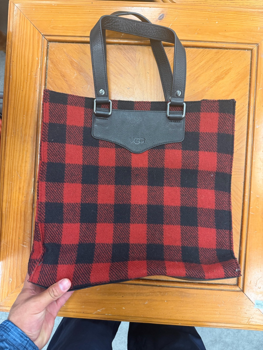UGG Red and Black Buffalo Plaid Messenger Bag with Leather Trim